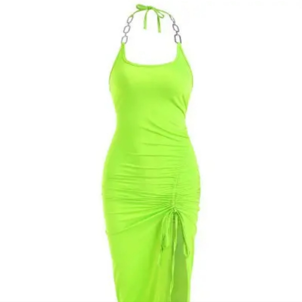 Zaful Neon Green Neon Yellow Chain Halter Bodycon Dress